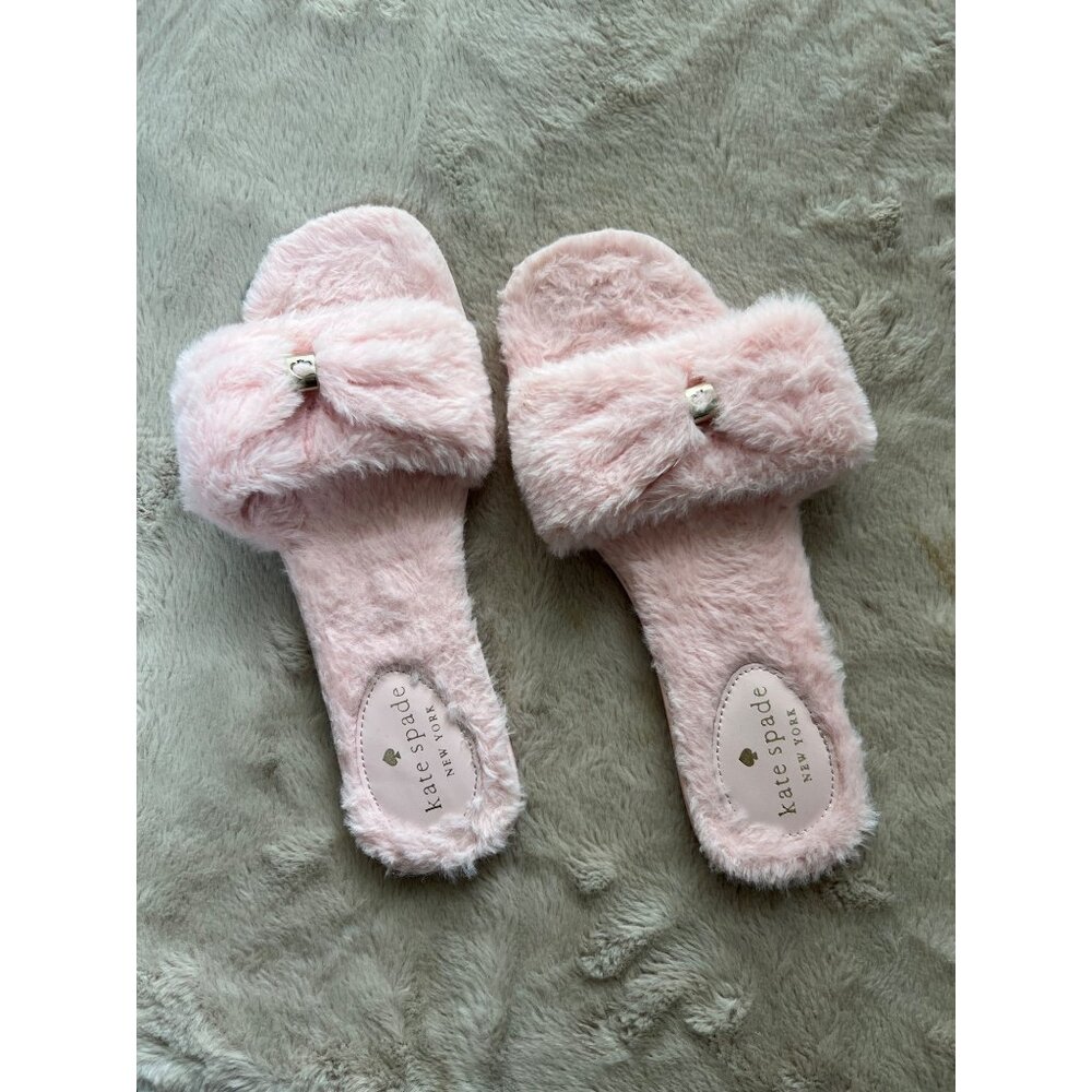 Kate Spade Pink Faux Fur Slippers With Bow & Silver Accent